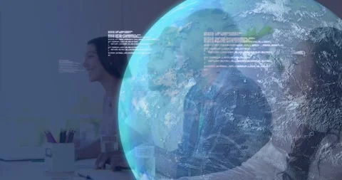 Business team sketching at table when 3D globe emerging with floating code Stock Footage 330729051