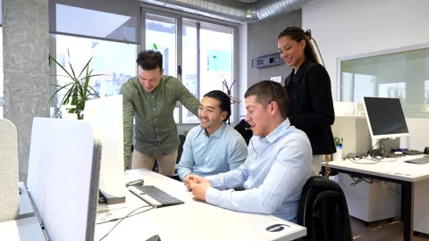 Business team solving problems and discussing strategy in office Stock Footage 308464494