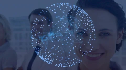 Business team standing blue node sphere appearing rotating focusing to smiling Stock Footage 332405244