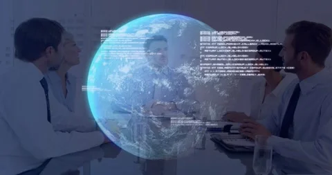 Business team starting data platform globe growing over team code typing arc Video stock 330160227