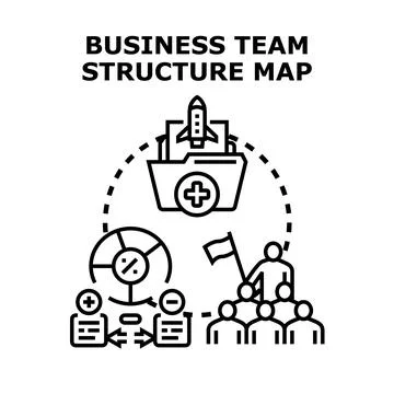 Business team structure map outlining workflow and rocket startup Stock Illustration
