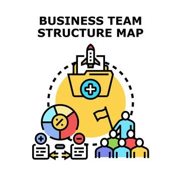 Business team structure map outlining workflow and rocket startup Stock Illustration
