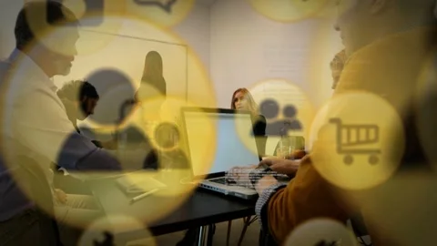Business team at table, presenter briefing data while yellow icons appearing, Stock Footage 332901648