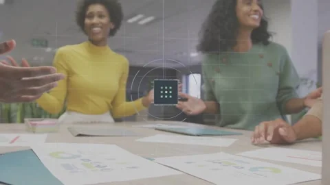 Business team talking and placing hands in huddle for alignment while HUD charts Stock Footage 333833889