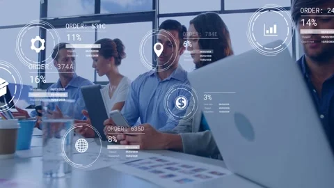 Business team tapping phone, collaborating while HUD expanding icons and data Stock Footage 333287966