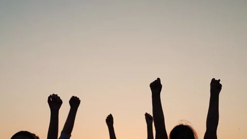 Business team unity partners. Teamwork. Group people against sky raise their Видео 334971839