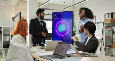 Business team using AI assistant during a meeting in modern office. Stock-Footage 335851531