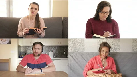 Business team using computer for a online meeting. Group of people working from Stock Footage 128124566