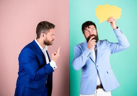 Business team work on solving problem. Share opinion speech bubble copy space Stock Photos