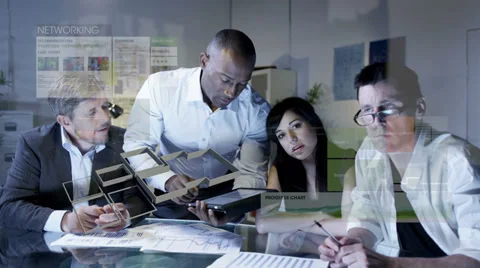 Business team working on futuristic touch screen with tablet remote interface. Stock Footage