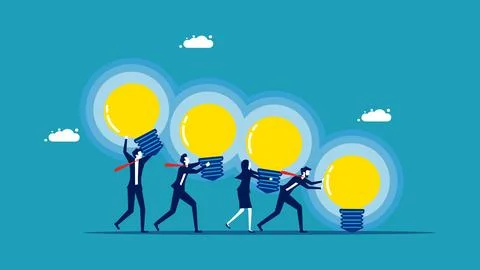 Business team working together to push light bulb. business knowledge concept イラスト素材