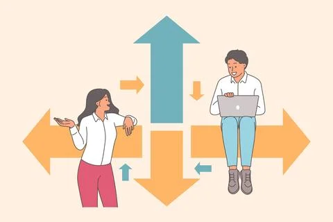Business team works together to develop strategy, located near arrows pointing Stock Illustration