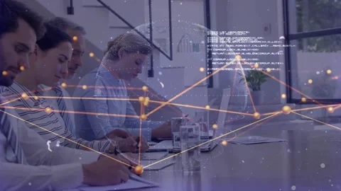 Business team writing notes after prompt, typing on laptop with pulsing globe Stock Footage 330255102