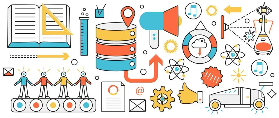 Business teamwork and creation process, conveyor with employees, financial data Illustrazione stock