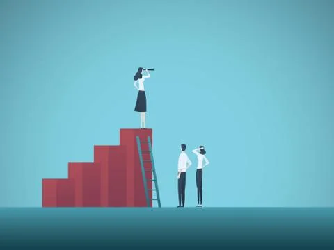 Business teamwork and strategy vector concept. Businesswoman standing on chart Stock Illustration