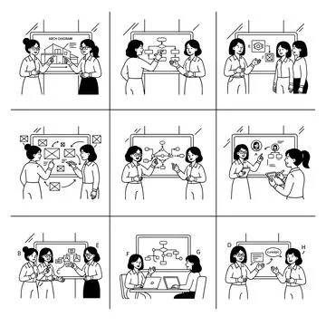 Business teamwork collaboration illustration set, black and white line art,.. Stock Illustration