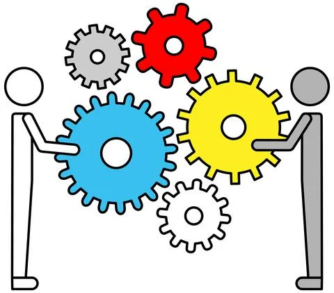 Business teamwork, communication, set up work. Employees holds gear parts 스톡 일러스트