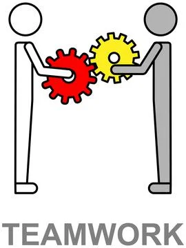 Business teamwork, communication, set up work. Employees holds gear parts Stock Illustration