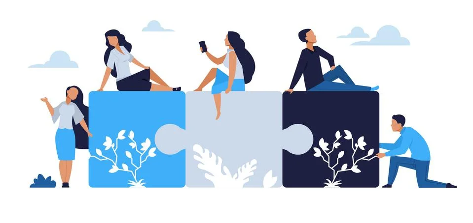 Business teamwork concept. Puzzle elements with cartoon businessman team Stock Illustration