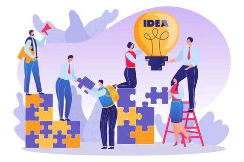 Business teamwork with puzzle concept, vector illustration, tiny man woman Stock Illustration