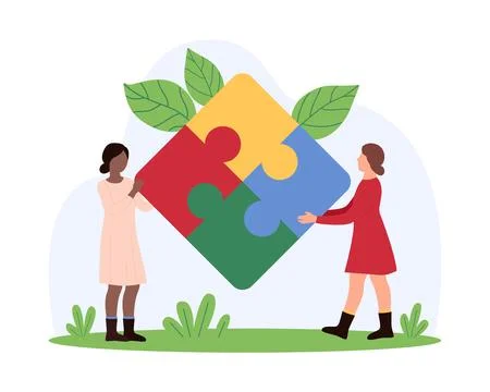 Business teamwork for solving problem and dilemma, tiny people holding puzzle 스톡 일러스트