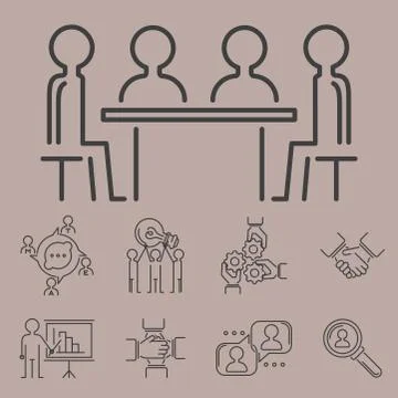 Business teamwork teambuilding thin line icons work command management outline Ilustración de archivo