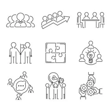 Business teamwork teambuilding thin line icons work command management outline Ilustración de archivo