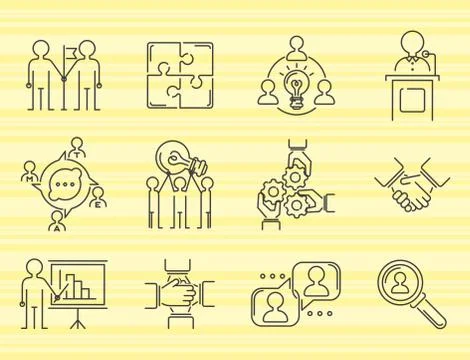 Business teamwork teambuilding thin line icons work command management outline Ilustración de archivo