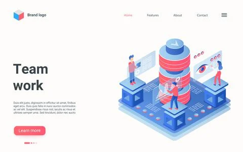 Business teamwork technology isometric landing page, people work with digital Illustrazione stock