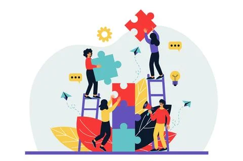 Business teamwork, tiny people building huge puzzles. Partnership and coopera Illustrazione stock