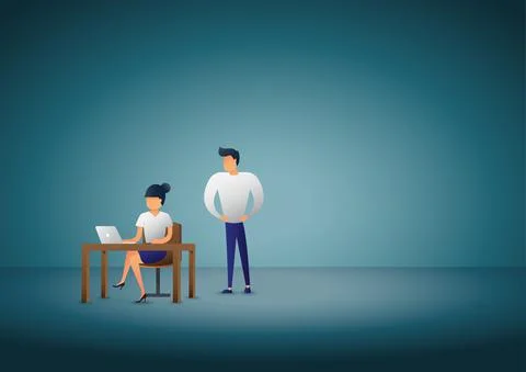 Business teamwork vector concept with man and woman looking at computer in th Stock Illustration