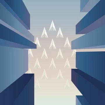 Business teamwork vector concept. Paper planes in formation fly above Stock Illustration
