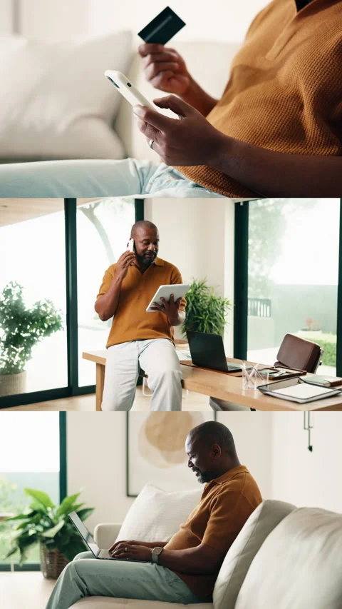 Business, technology and black man in home for economic development, montage or Stock Footage 338050992