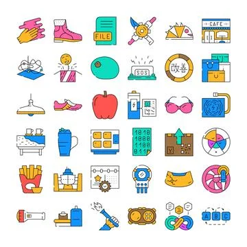 Business, technology, and everyday elements line icons set Stockillustratie
