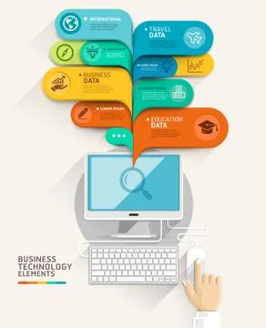 Business technology concept. Computer and bubble speech template. Illustrazione stock