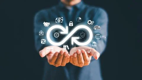 Business technology data link network concept. Businessman Hand show virtual  Stock Photos