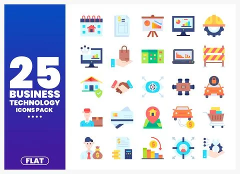 Business technology flat icons pack featuring diverse elements for innovati.. Stock Illustration