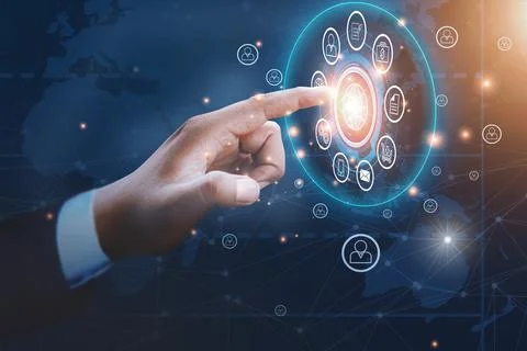 Business technology, Hand touching global network and data customer connectio 库存照片