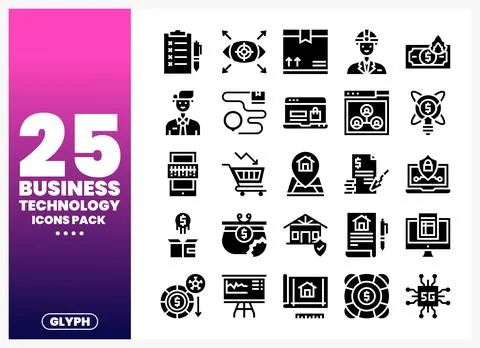 Business technology icon pack with glyph symbols in a grid. Stock Illustration