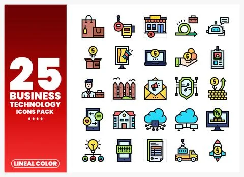 Business technology icon set with diverse symbols on a white background Stock Illustration