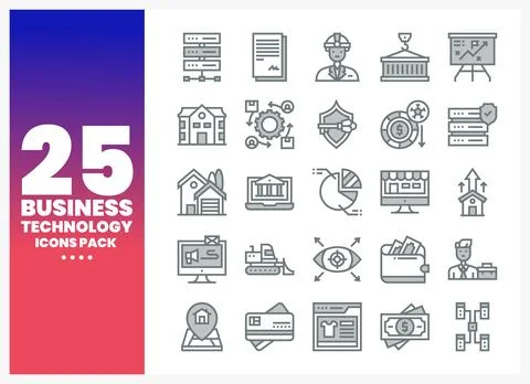 Business technology icon set with elements on a gradient background. Illustrazione stock
