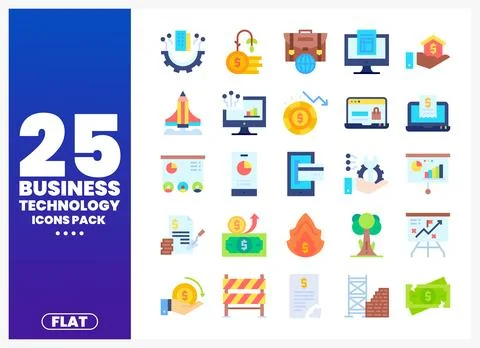 Business technology icons in flat design. arranged in a grid. Stock Illustration