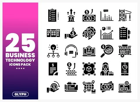 Business technology icons pack for digital marketing. finance. and analytics. Illustrazione stock