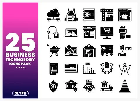 Business Technology Icons Pack Featuring Cloud. Backpack. Safe. Crane. Shop.. Иллюстрация