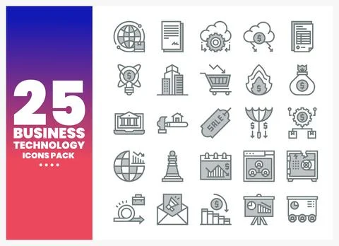 Business technology icons pack featuring finance and global concepts Stock Illustration