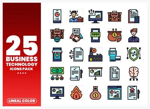 Business technology icons pack featuring diverse finance and growth symbols.. Illustrazione stock
