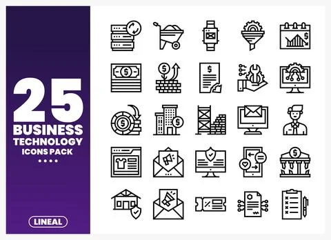 Business technology icons in a pack featuring finance. growth. and building.. Stock Illustration