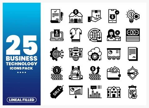 Business Technology Icons Pack featuring lineal filled icons on a blue grad.. Illustrazione stock