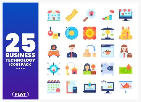 Business technology icons pack featuring icons for finance. data. and growth Stock Illustration