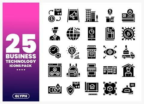 Business technology icons pack with finance. global. and digital elements. .. Stock Illustration
